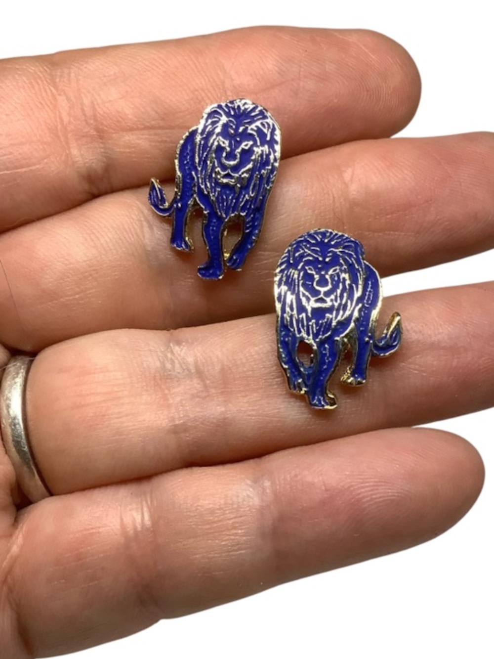 Gold tone Blue Lion Enamel Stud Earrings